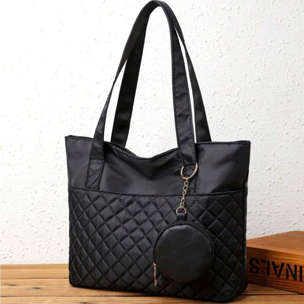 Black Quilter Tote Bag With Coin Pouch Charm